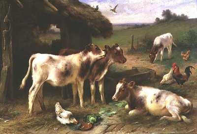 Terneros y aves de corral junto a un granero en un paisaje de Walter Hunt