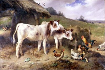 Terneros y aves de corral fuera de un granero de Walter Hunt