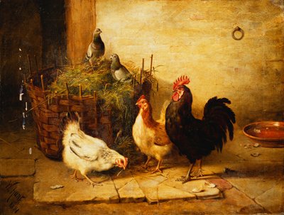 Aves de Corral y Palomas en un Interior de Walter Hunt