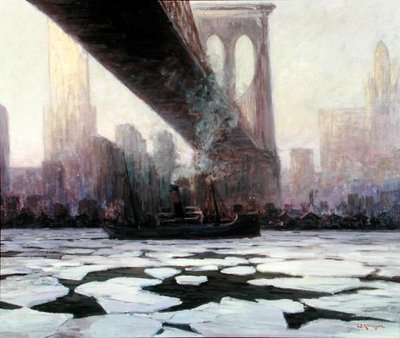 Barco en agua congelada bajo el Puente de Brooklyn de Walter Koeniger