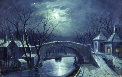 Puente de Redcote, Armley, a la luz de la luna (óleo sobre lienzo) de Walter Linsley Meegan