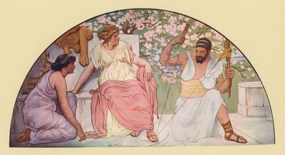Hércules con la rueca hilando para la reina Onfalia (litografía en color) de Walter MacEwen