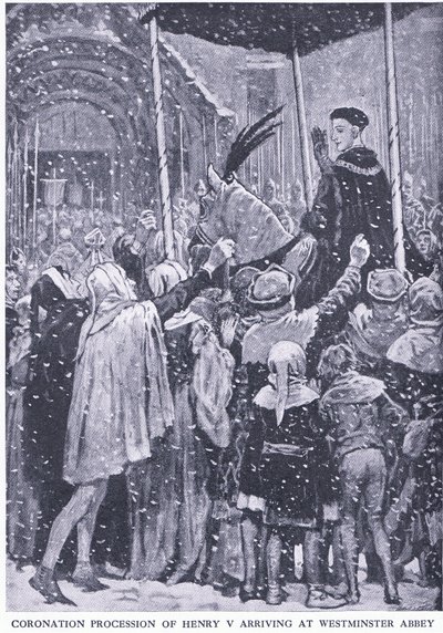 Procesión de coronación de Enrique V llegando a la Abadía de Westminster 1413, de Cassells History of the British People publicado por la Waverley Book Company Limited, c.1940 de Walter Paget
