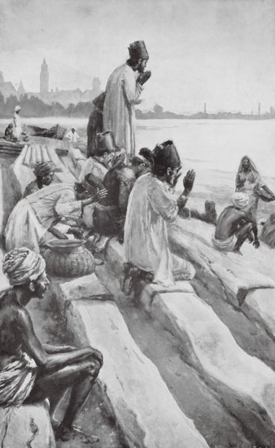 Parsis adorando al Sol naciente en la playa de Bombay (litografía) de Walter Paget