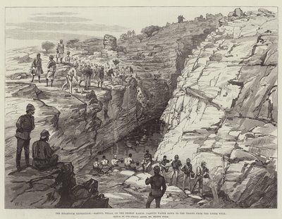 La expedición de Jartum, Gakdul Wells, en la marcha por el desierto, pasando agua a las tropas desde el pozo superior de Walter Paget