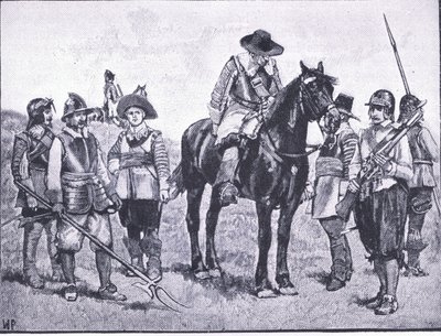 Tipos de soldados de Cromwell, ilustración de La Historia del Pueblo Británico publicada por Waverley, c.1940 de Walter Paget