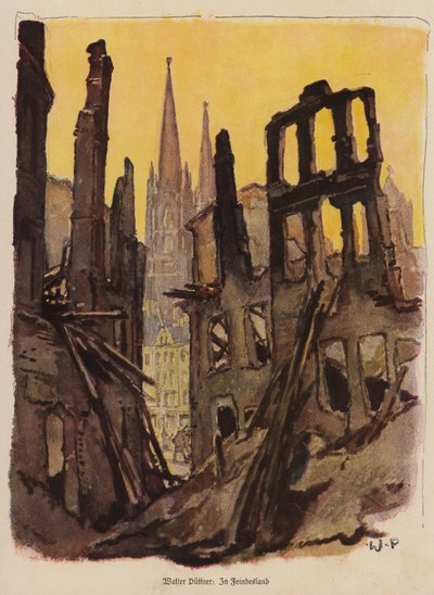 Ciudad en ruinas, Primera Guerra Mundial (litografía en color) de Walter Puttner