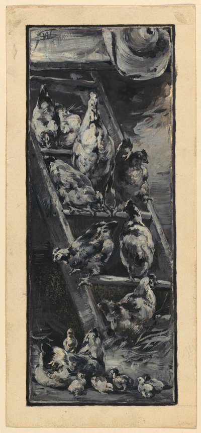 Gallo y gallinas de Walter Shirlaw