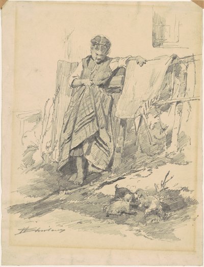 Mujer Observando Cachorros de Walter Shirlaw