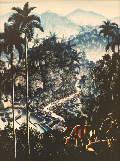 Paisaje fluvial con pastor y vacas de Walter Spies