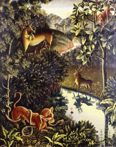 Fábula de Animales: Tigre y Serpiente en Combate en un Bosque Primigenio de Walter Spies