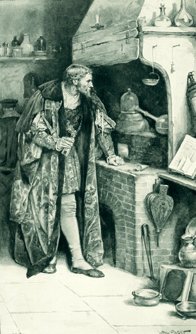 Jacobo IV como alquimista en su laboratorio de Walter Stanley Paget