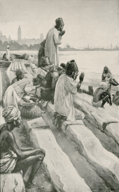 Parsis adorando el sol naciente en la playa de Bombay de Walter Stanley Paget