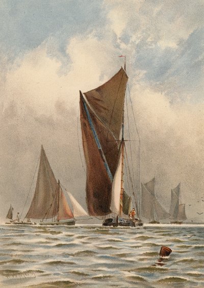 Barcazas en el Támesis (litografía en color) de Walter William May