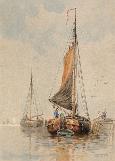Barcos holandeses en el Mosa (litografía en color) de Walter William May