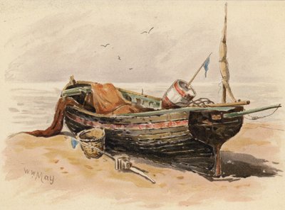 Lugger de pesca francés (litografía en color) de Walter William May