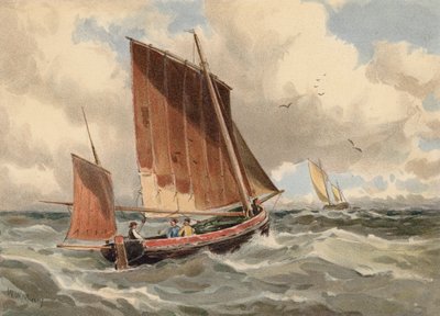 Lugger francés en alta mar (litografía en color) de Walter William May