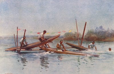Nueva Zelanda: Canoe Hurdle Race (litografía en color) de Walter Wright