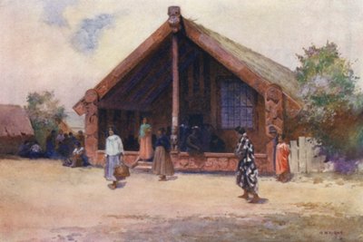 Nueva Zelanda: Carved House, Ohinemutu (litografía en color) de Walter Wright