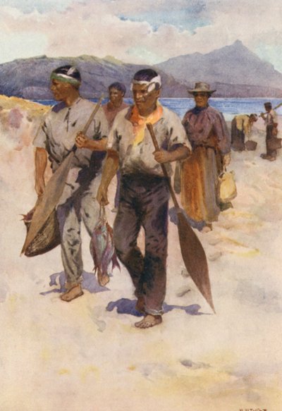 Nueva Zelanda: Maori Fishing Party (litografía en color) de Walter Wright