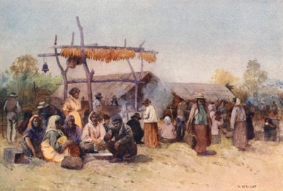 Nueva Zelanda: Native Gathering (litografía en color) de Walter Wright