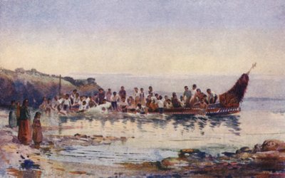 Nueva Zelanda: The Return of the War Canoe (litografía en color) de Walter Wright