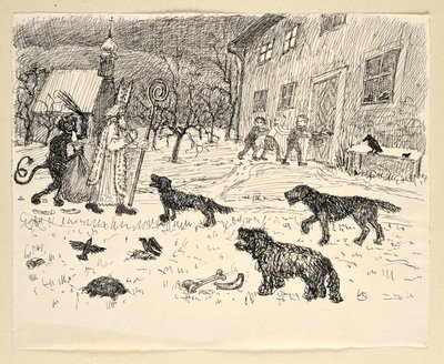San Nicolás y Krampus en el campo con niños de Walther Gamerith