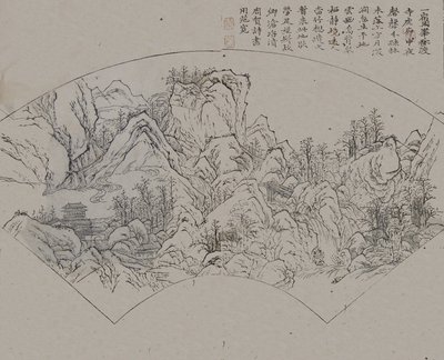 Paisaje después de Fan Kuan activo ca. 990-1030, del Jardín de Semillas de Mostaza..., Primera edición, 1679 de Wang Gai