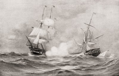 El combate entre el USS Constitution y el HMS Guerriere, durante la Guerra de 1812, aproximadamente a 400 millas al sureste de Halifax, Nueva Escocia, de La Historia de Nuestro País, publicada en 1905 de Warren Sheppard