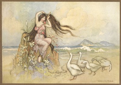 Marziella en la orilla del mar de Los dos pasteles. de Warwick Goble