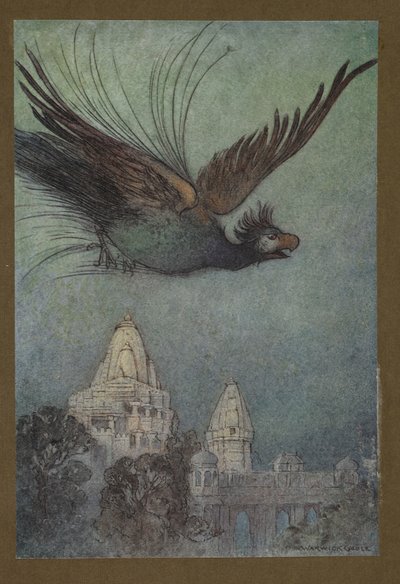 Lámina 10: "Un pájaro monstruoso sale aparentemente del palacio", de Folk-Tales of Bengal ... Con 32 ilustraciones en color de Warwick Goble (Edition de luxe.) 1914 (litografia en color) de Warwick Goble