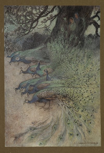Lámina 11: "Cientos de pavos reales de hermosas plumas llegaron a los terraplenes para comerse el khai", de Folk-Tales of Bengal ... Con 32 ilustraciones en color de Warwick Goble. (Edición de lujo.) de Warwick Goble