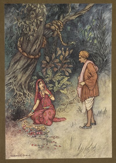 Lámina 14: "Esposo, toma toda esta gran cantidad de oro y estas piedras preciosas", de Folk-Tales of Bengal ... Con 32 ilustraciones en color de Warwick Goble (Edición de lujo) de Warwick Goble