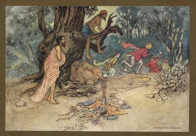Lámina 15: "Huyeron con mucho miedo, dejando el dinero y las joyas, de" Folk-Tales of Bengal ... Con 32 ilustraciones en color de Warwick Goble (Edición de lujo) de Warwick Goble