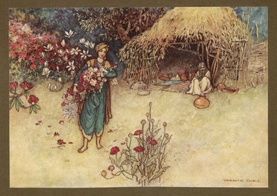 Lámina 17: "Al amanecer solía cortar flores en la primera", de Folk-Tales of Bengal ... Con 32 ilustraciones en color de Warwick Goble. (Edición de lujo.) de Warwick Goble