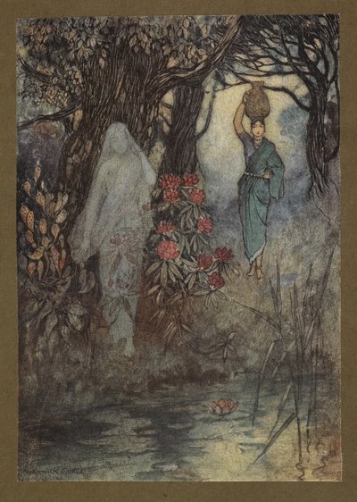 Lámina 18: "La esposa de Brahman tuvo la ocasión de ir al tanque, y mientras iba fue rozada por un Sankchinni", de Folk-Tales of Bengal ... Con 32 ilustraciones en color de Warwick Goble. (Edición de lujo.) de Warwick Goble