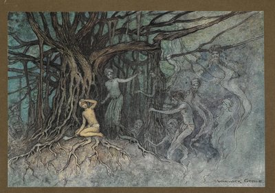 Lámina 19: "En el momento en que se dio el primer golpe, una gran cantidad de fantasmas corrieron hacia el Brahman, de" Folk-Tales of Bengal ... Con 32 ilustraciones en color de Warwick Goble (Edición de lujo). de Warwick Goble