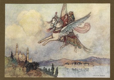 Lámina 20: "La dama, el rey e Hiraman llegaron sanos y salvos a la capital del rey", de Folk-Tales of Bengal ... Con 32 ilustraciones en color de Warwick Goble (Edition de luxe). de Warwick Goble