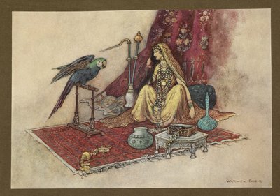 Lámina 21: "¿Qué princesa alguna vez solo se pone un rubí en el pelo?" de Folk-Tales of Bengal ... Con 32 ilustraciones en color de Warwick Goble (Edition de luxe.) de Warwick Goble