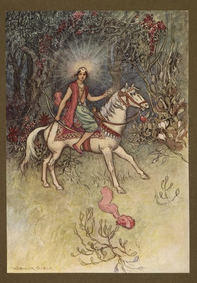 Lámina 24: "Una luz brillante, como la de la Luna, se vio brillando en su frente", de Folk-Tales of Bengal ... Con 32 ilustraciones en color de Warwick Goble (Edition de luxe) de Warwick Goble