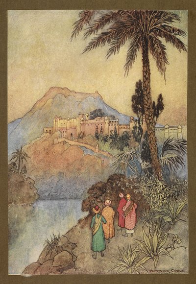 Placa 27: "Se acercaron a un magnífico conjunto de edificios", de Folk-Tales of Bengal ... Con 32 ilustraciones en color de Warwick Goble. (Edición de lujo.) de Warwick Goble