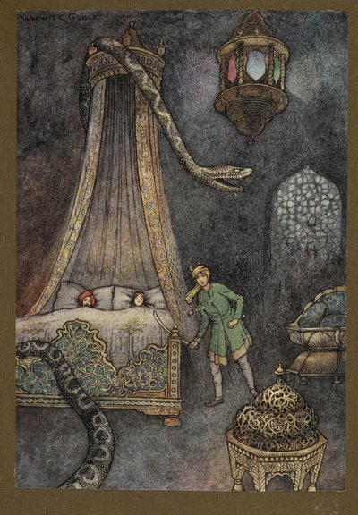 Placa 3: "Salió corriendo de su escondite y mató a la serpiente", de Folk-Tales of Bengal ... Con 32 ilustraciones en color de Warwick Goble. (Edición de lujo) de Warwick Goble