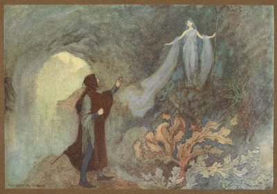 El Hada se aparece al Príncipe en la Gruta, de Cenerentola. de Warwick Goble