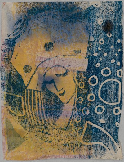 Farbholzschnitt-Probedrucke; Vorderseite: Frauenkopf mit großer Haube, Hintergrund mit Kreismusterung; Rückseite: Hand, stehende Gestalten de Wassily Kandinsky