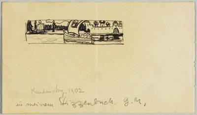 Paisaje fluvial con barco y ciudad amurallada de Wassily Kandinsky