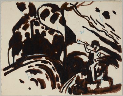 Paisaje con un jinete tocando una trompeta de Wassily Kandinsky