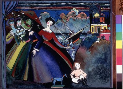 "Le navire" Jeunes femmes a quai, au loin un bateau semble faire naufrage. Pintura de Vassily Kandinsky de Wassily Kandinsky