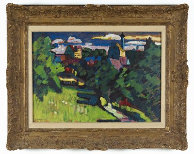 Murnau - vista con castillo, iglesia y ferrocarril de Wassily Kandinsky