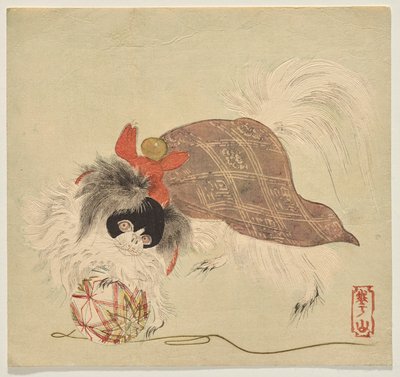 Perro chin japonés con una capa morada, jugando con una pelota de hilo de seda de Watanabe Kazan