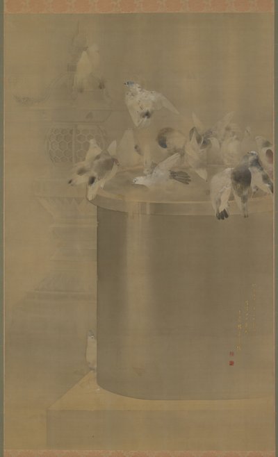 Palomas en Senjoji (Templo Asakusa Kannon) Era Meiji de Watanabe Seitei